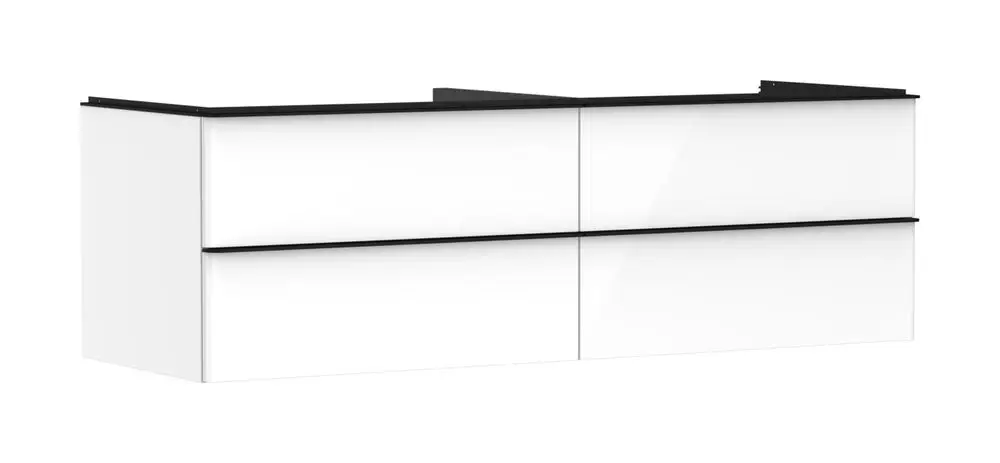 Waschtischunterschrank in Weiß mit Hochglanz-Oberfläche und vier Schubkästen, passend für Aufsatzwaschtisch, von der Marke Hansgrohe.